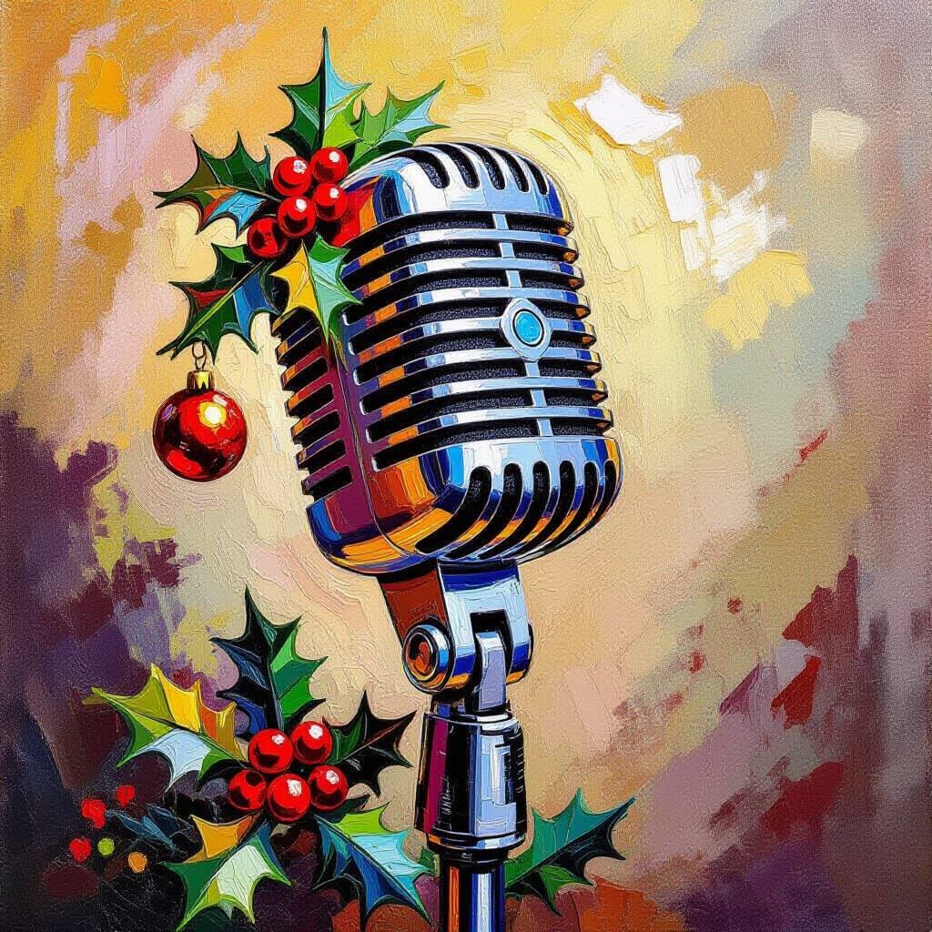 Christmas Microphone Oil Painting in Neo-Impressionist Style
