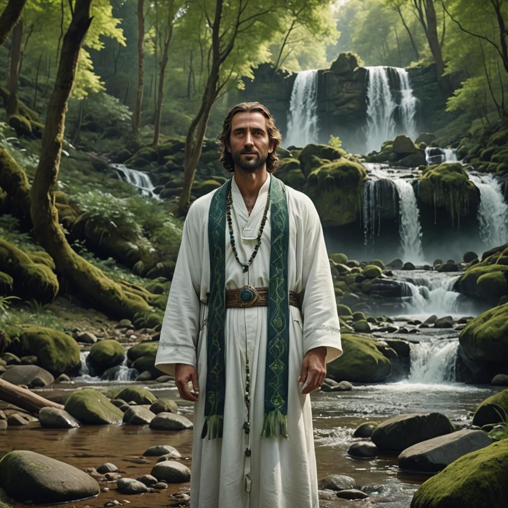 Tall Man in Forest with Waterfall: Photorealistic Digital Ar...