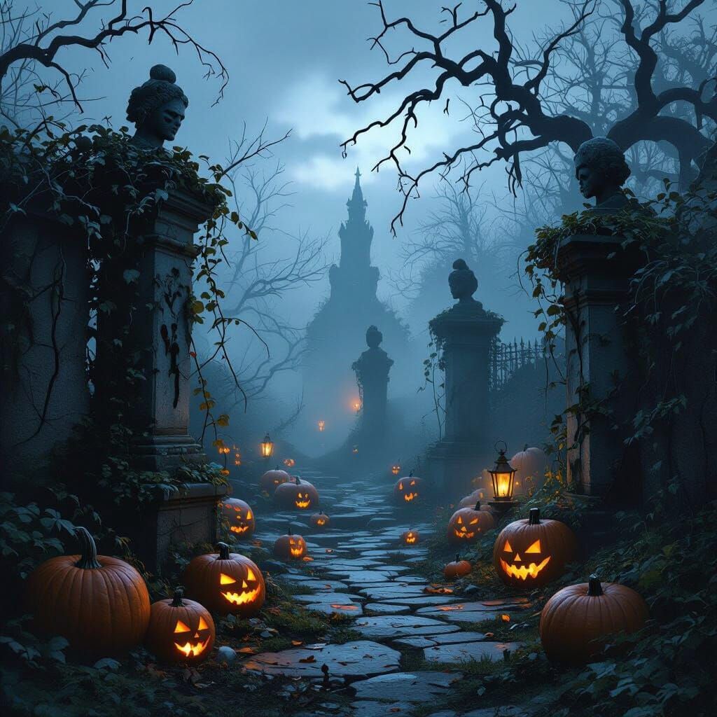 Eerie Overgrown Garden at Twilight: Haunting Scene