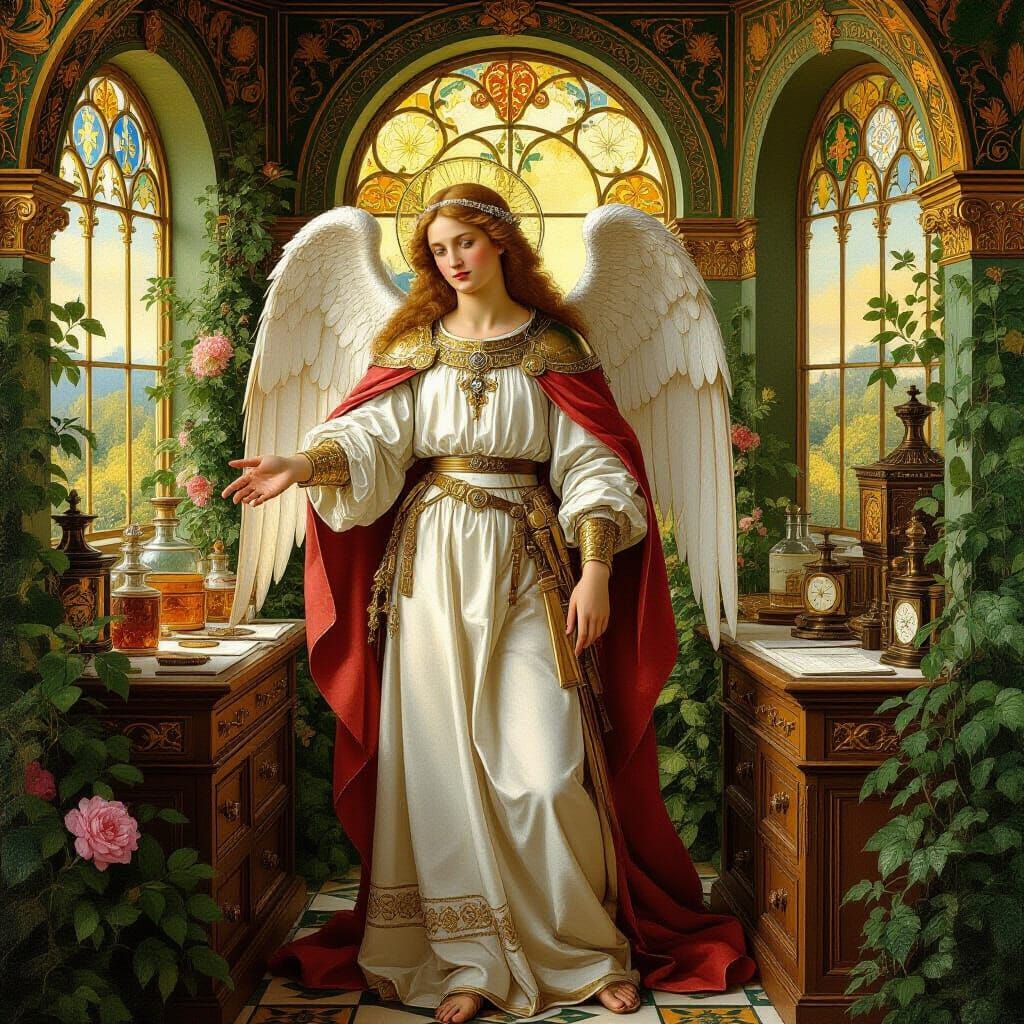 Archangel Raphael in Renaissance Apothecary with Gold Accent...