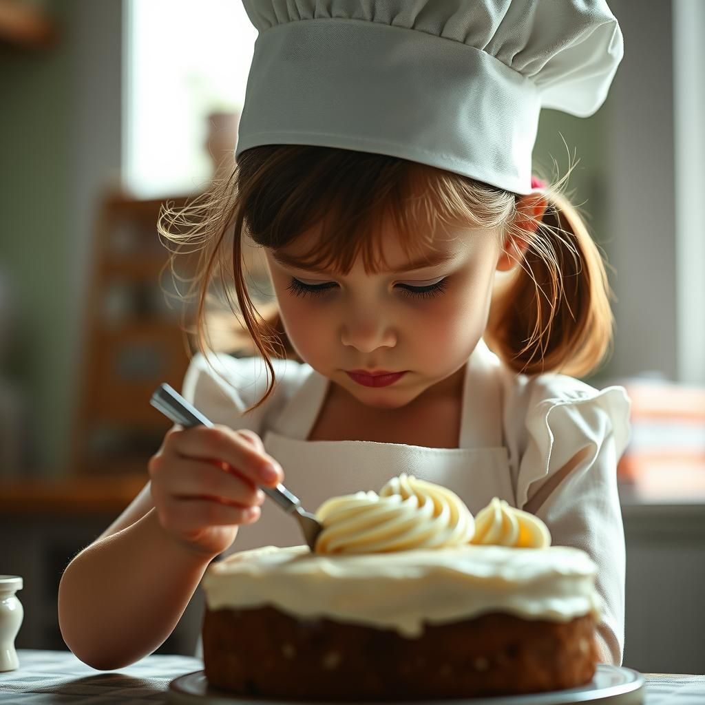 Girl Chef Decorates Cake in Hyperrealistic Macro Photo