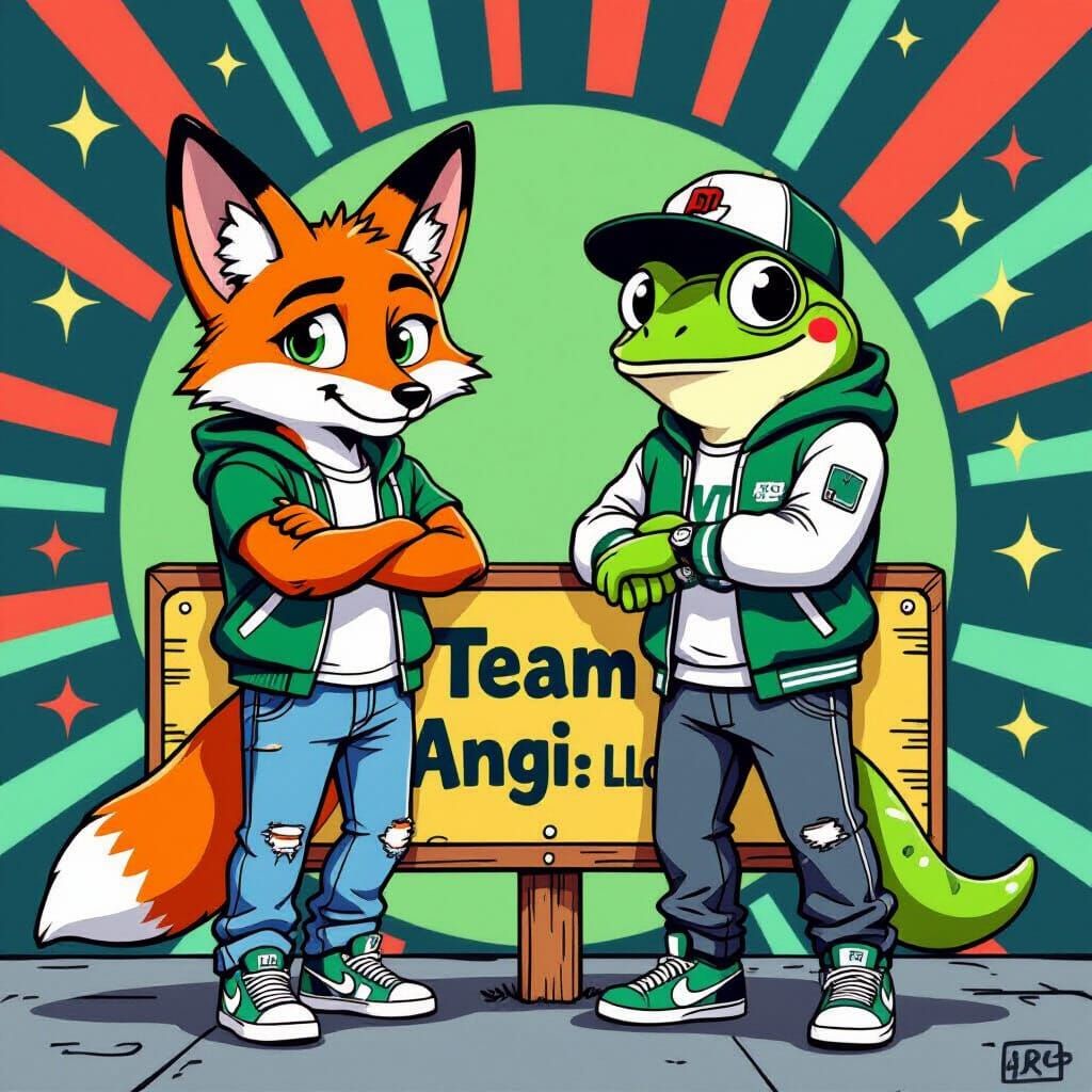 Cartoon Fox and Frog Posing in Pop Art Style