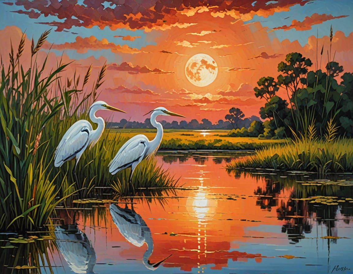 Serene Wetland Sunset with Moonlit Reflections