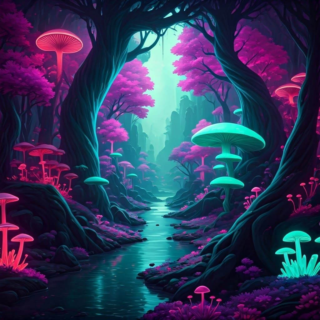 Ethereal Neon Forestscape in Vibrant Colors