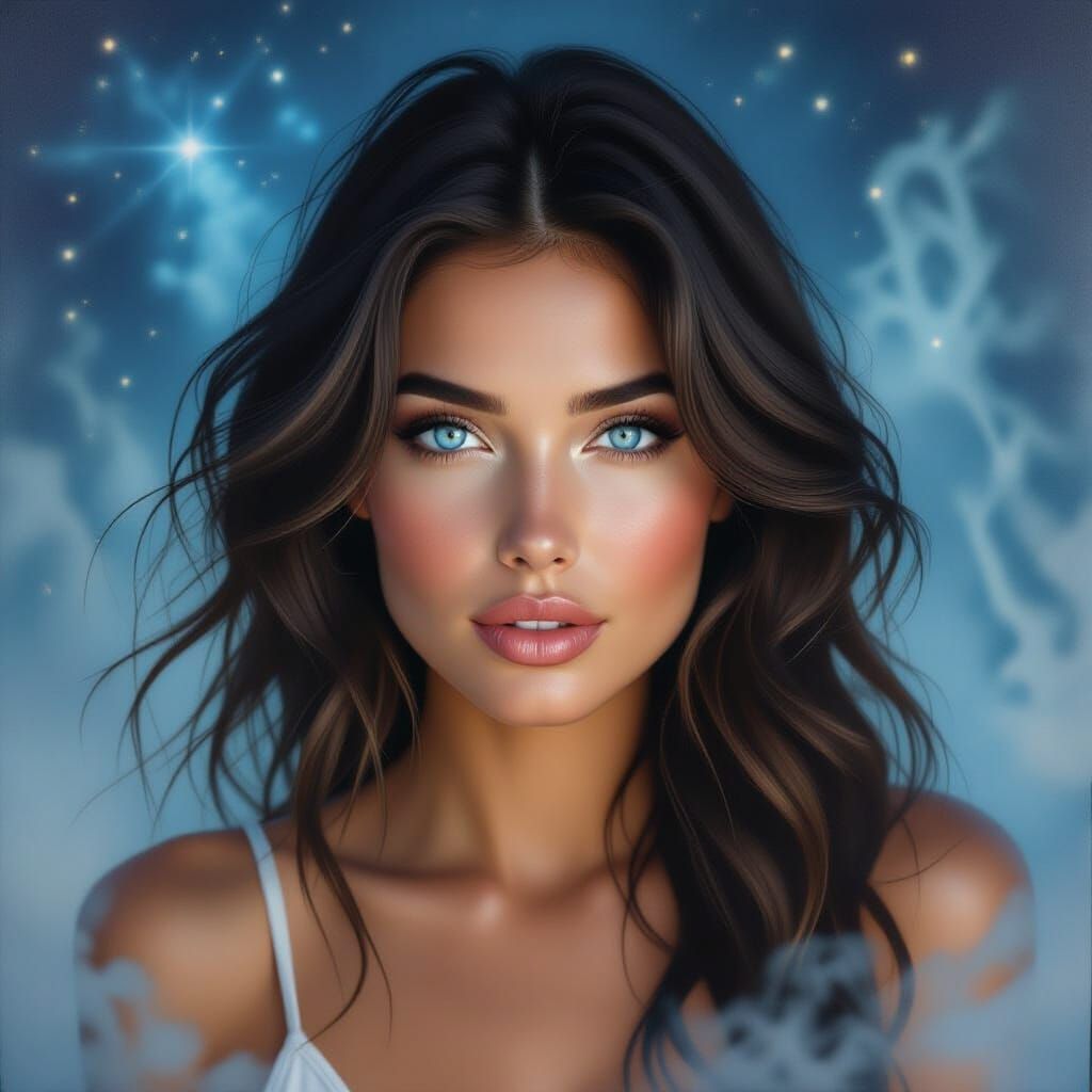 Oil Realism Painting of Brunette Woman with Piercing Blue Ey...