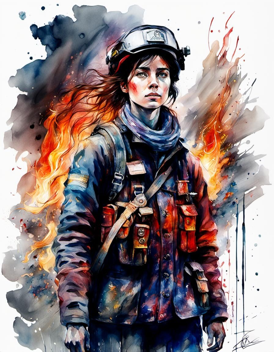 une jeune femme pompier tenant dans ses mains pelle pour éteindre un feu