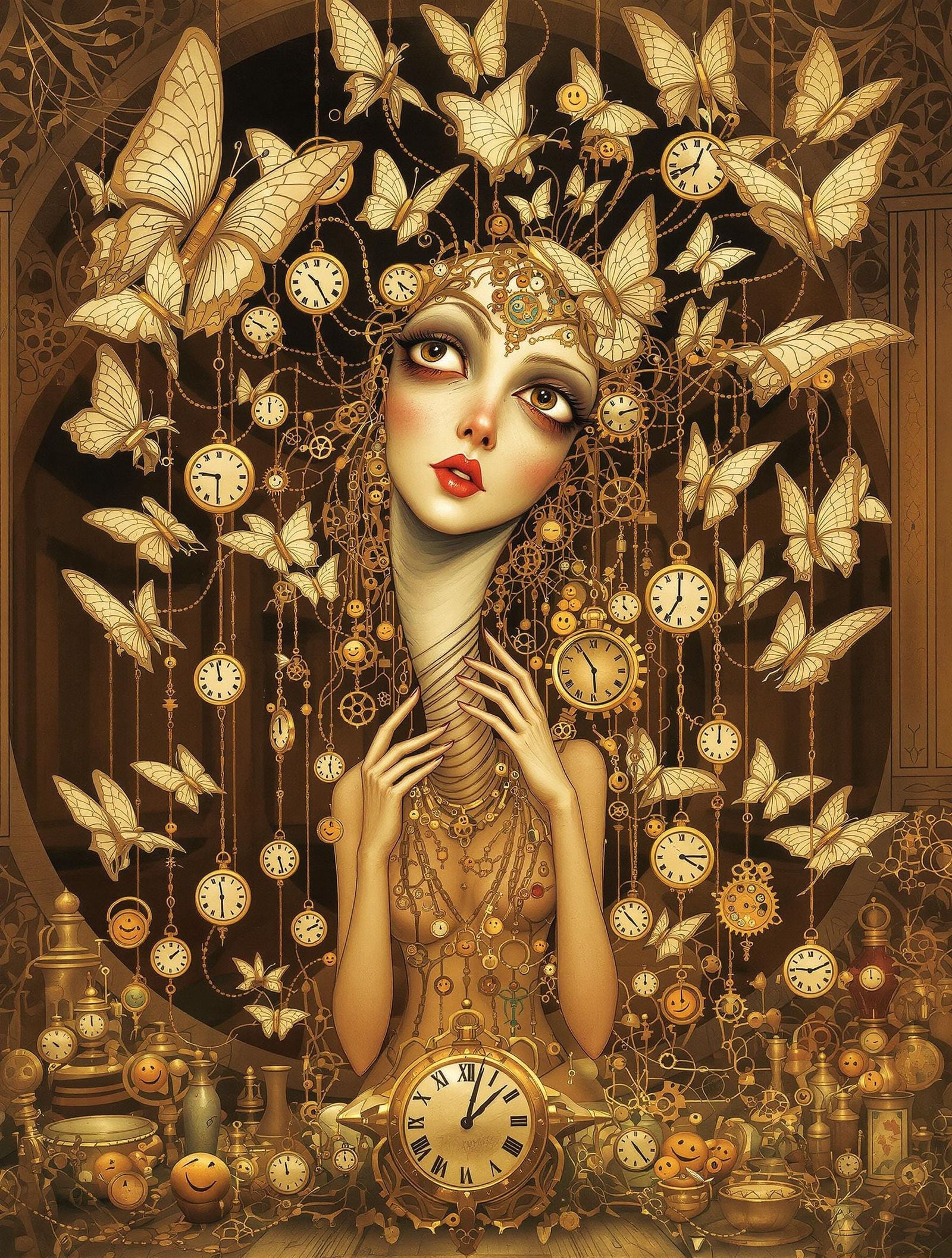 Surreal Clockwork Woman with Art Nouveau Wings