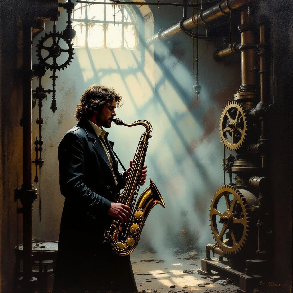 Steampunk Musician Plays Saxophone in Abandoned Studio