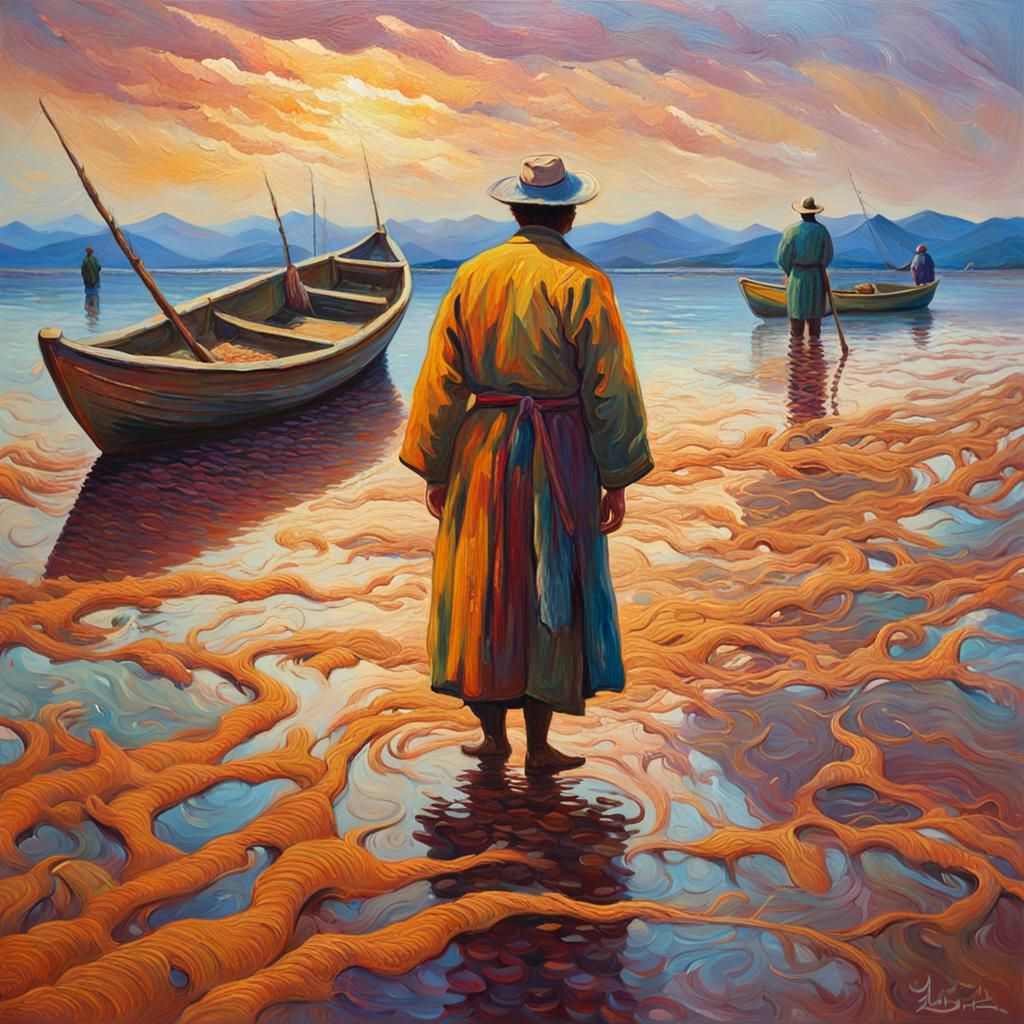 Neo-Impressionist Murex Fishers: An Impasto Oil Painting