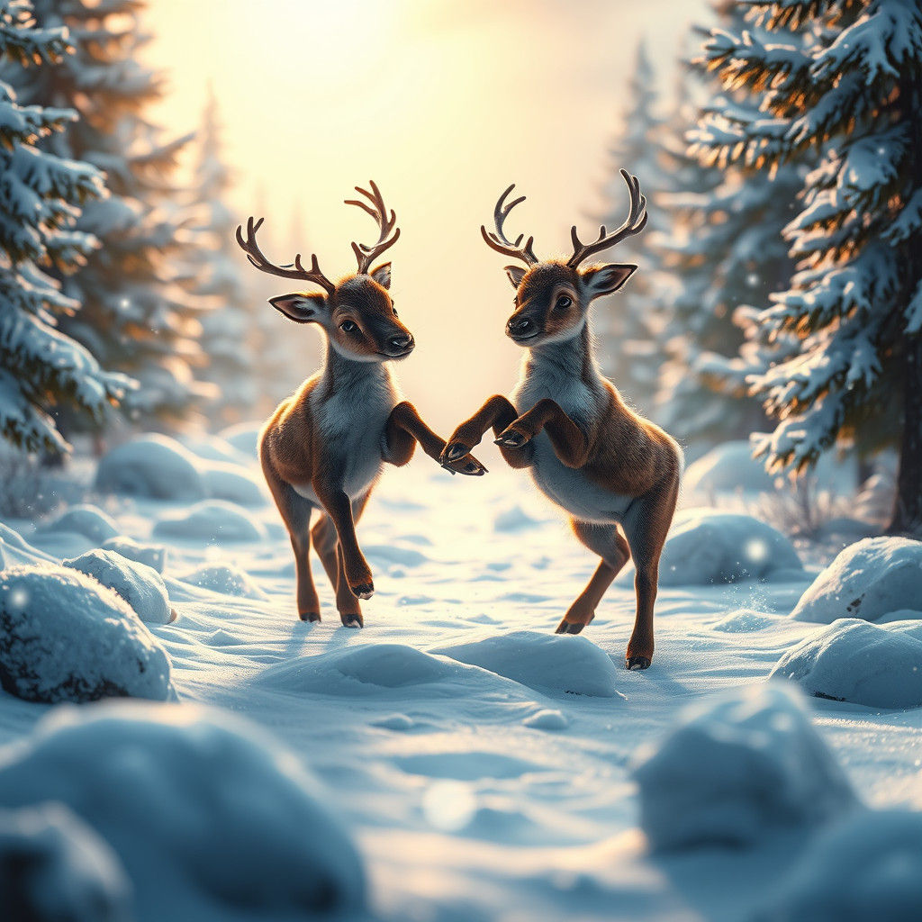 Reindeer Dance in Snow-Kissed Landscape, Dreamlike Concept A...