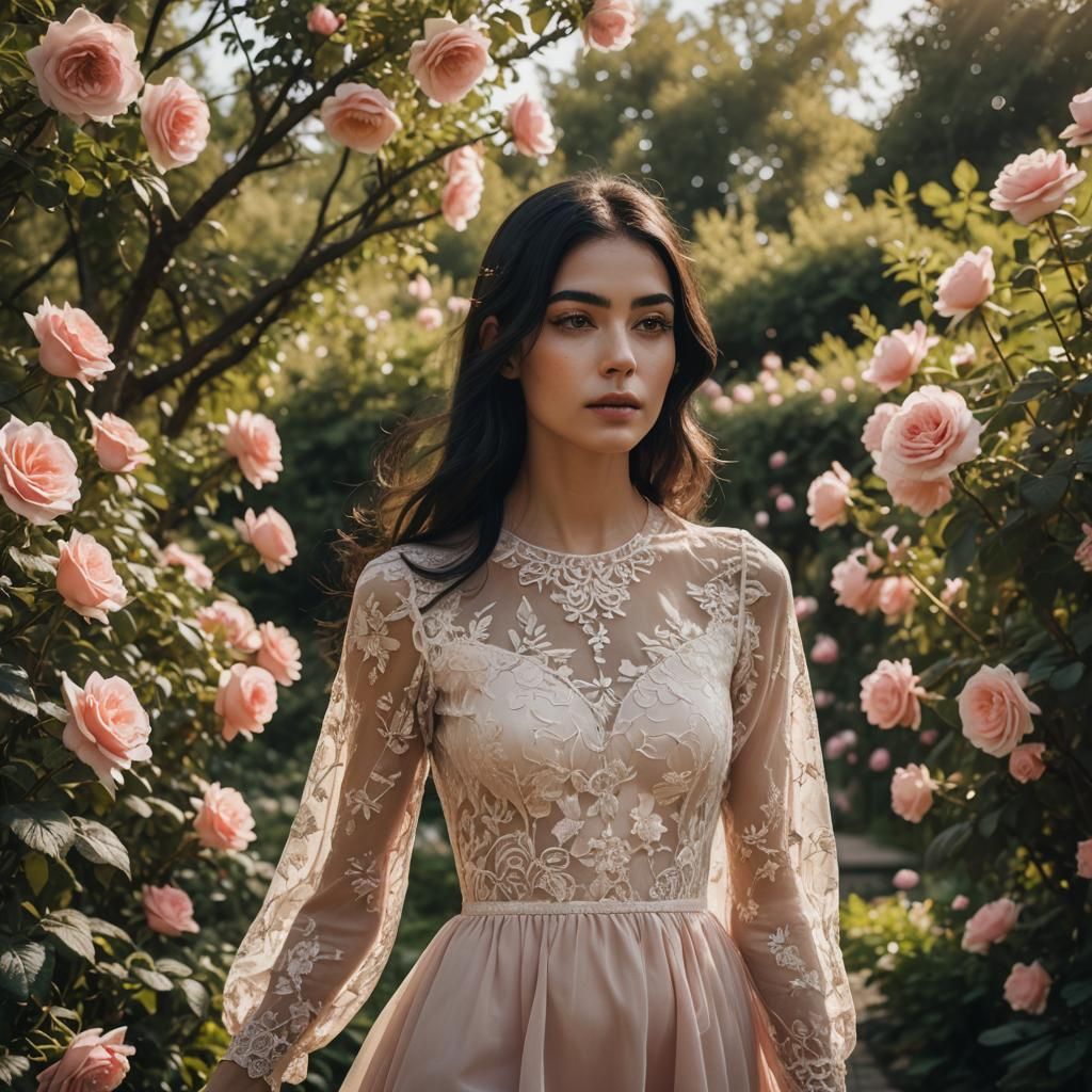 Contemplative Woman in Rose Garden with Lace
