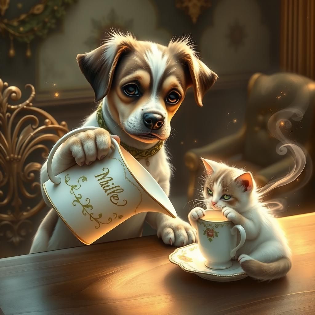 Dog Pours Milk for Cat in Dreamlike Scene