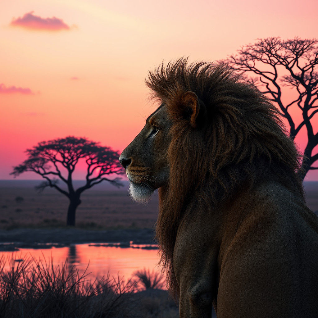 Contemplative Lion Surveys Serengeti in Dreamlike Matte Pain...