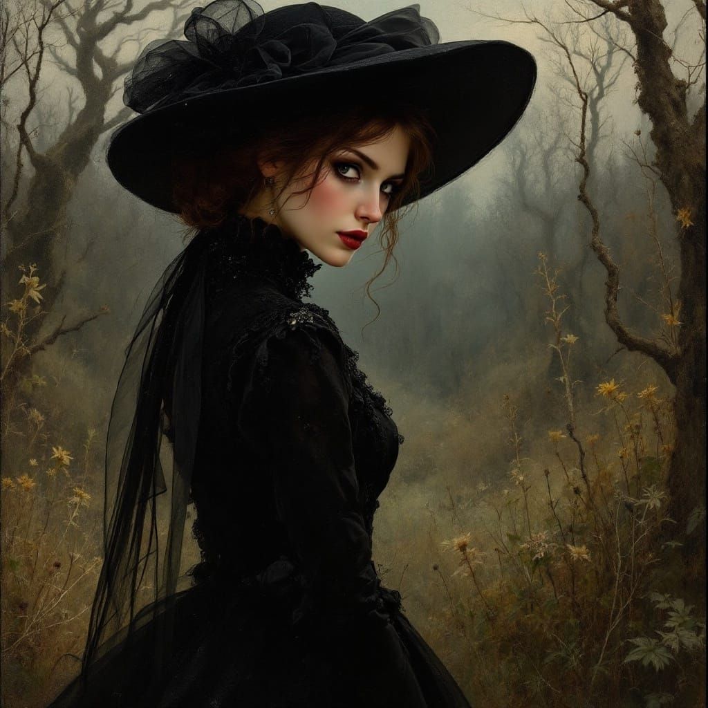 Mysterious Victorian Lady Strolls through Ruins in an Oil Pa...