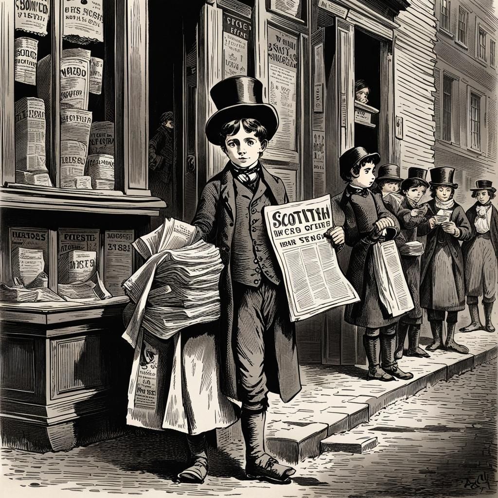 Cartoon Scottish Boy Selling Newspapers in Old New York