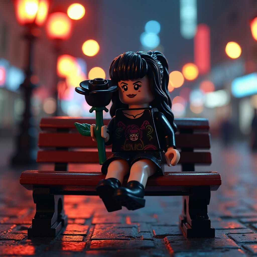 Cute Goth Girl Lego Minifigure in Lego City Nighttime Scene