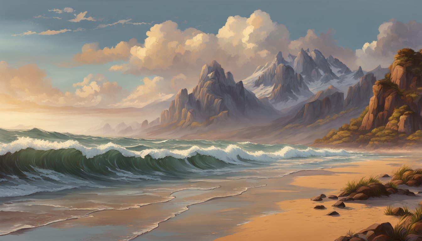 Coastal Beach With Mountains in Oil Painting Style