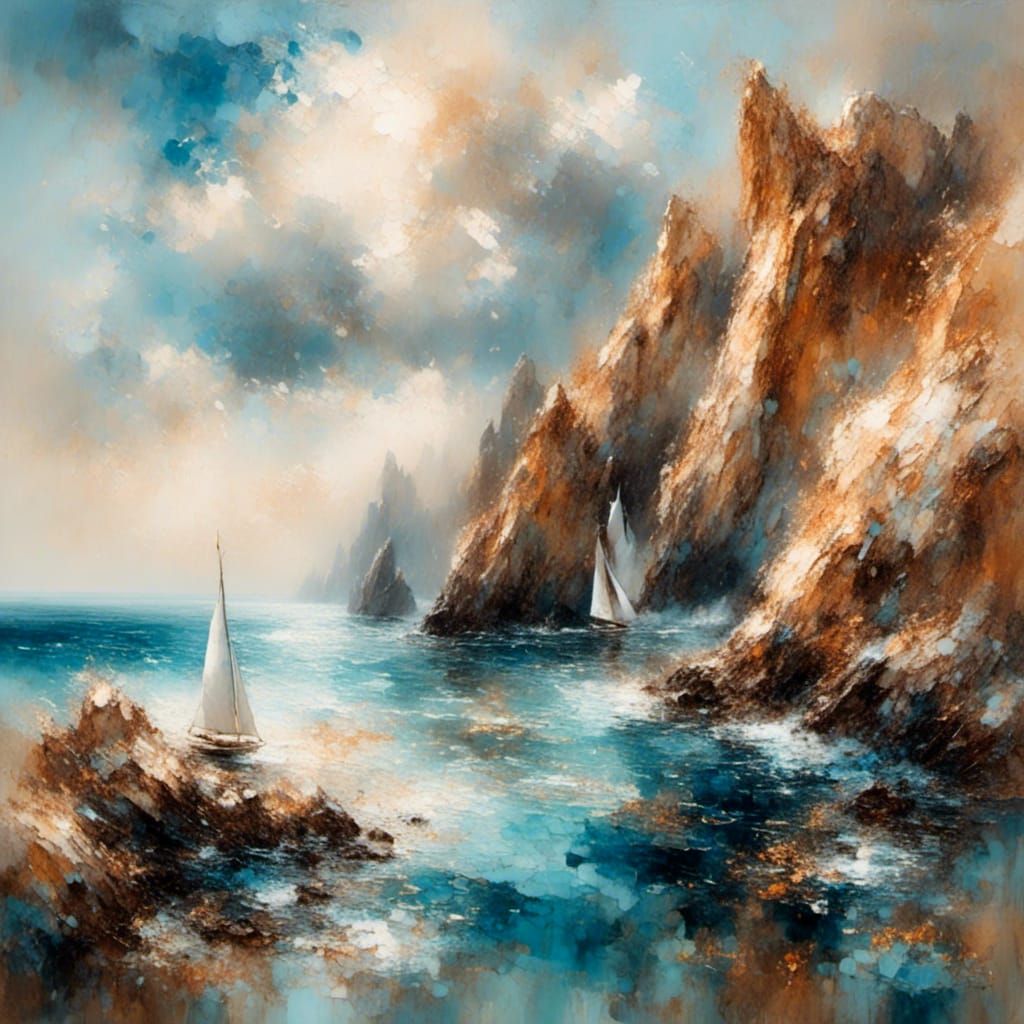 Serene Ocean Oil Painting with Sailboat and Sunlight