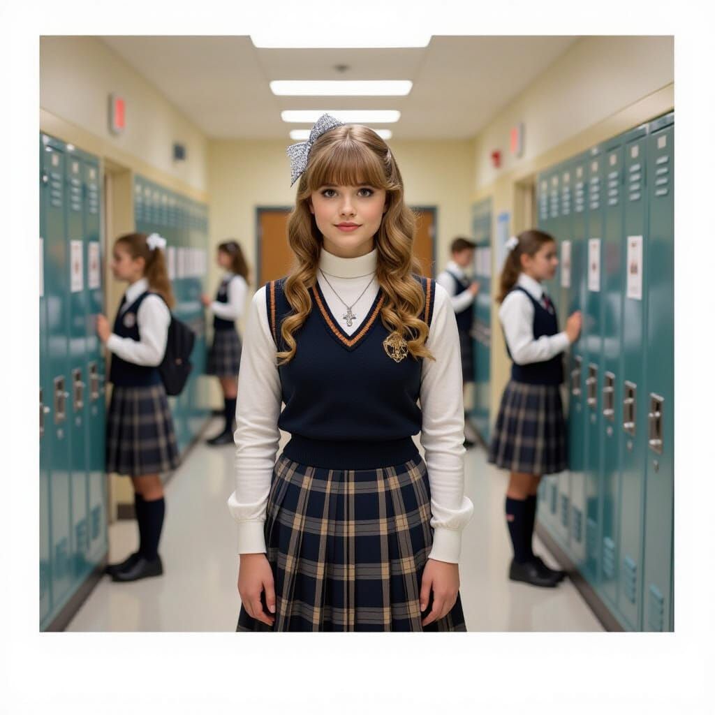 Teenage Girl in School Hallway with Open Lockers