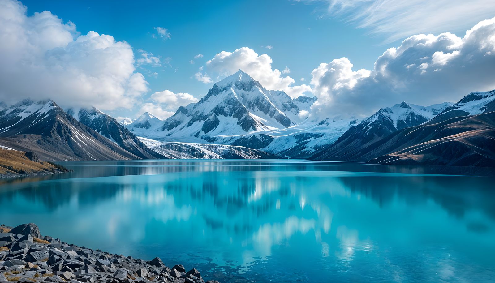 Mountain Lake Scene with Snowy Peaks in HDR