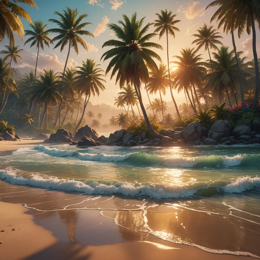 Beach with Crystal Waters: Turner-esque Oil Painting