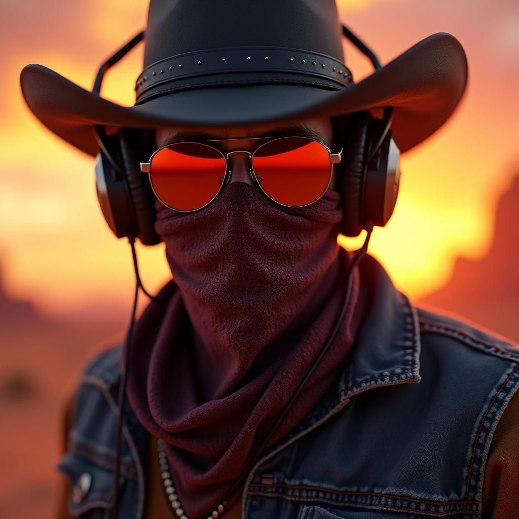 Cowboy Bandit Gamer in Sunset Desert, 3D Anime Art