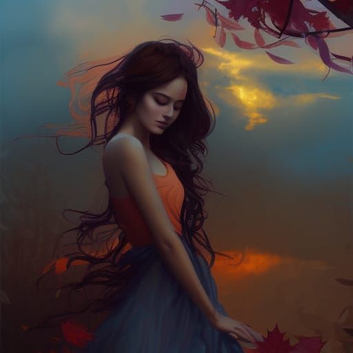 Stunning Woman in Stormy Autumn Landscape