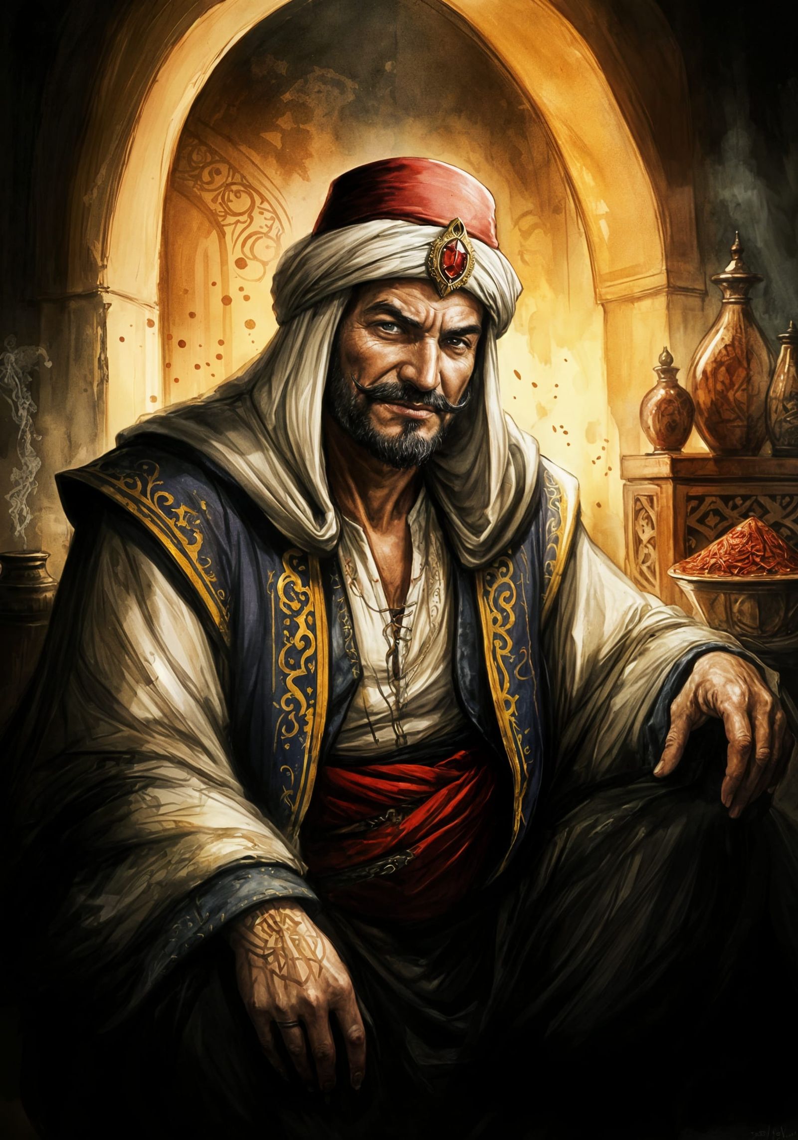 Medieval Arabian Merchant Guild Leader in Dark, Contrasting ...