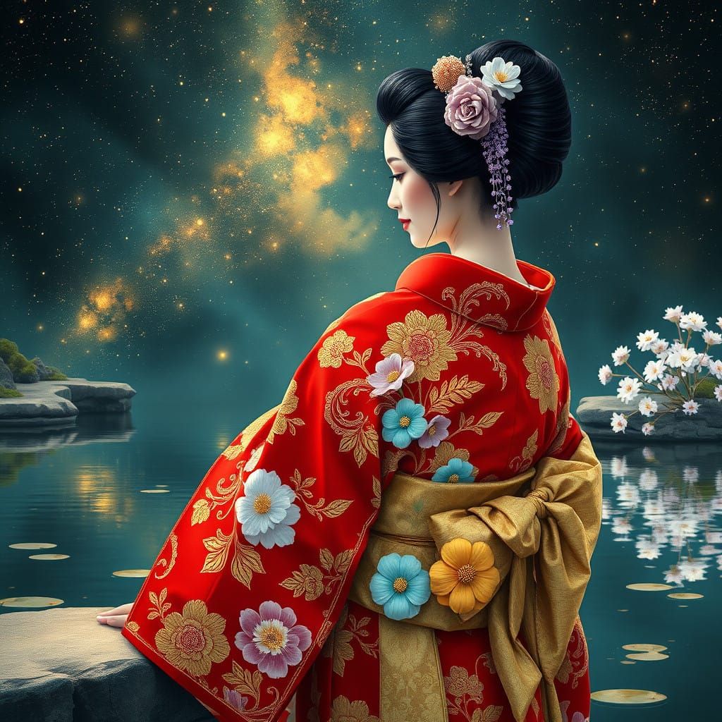 Serene Geisha in a Dreamlike Kimono Dressed in Dark Fantasy