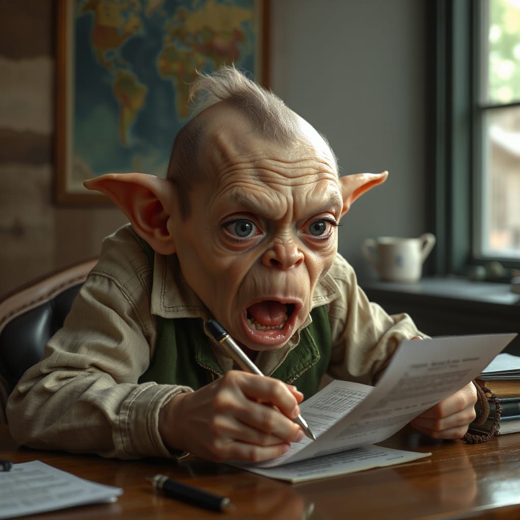 Gollum Filing Taxes in a Photorealistic Scene