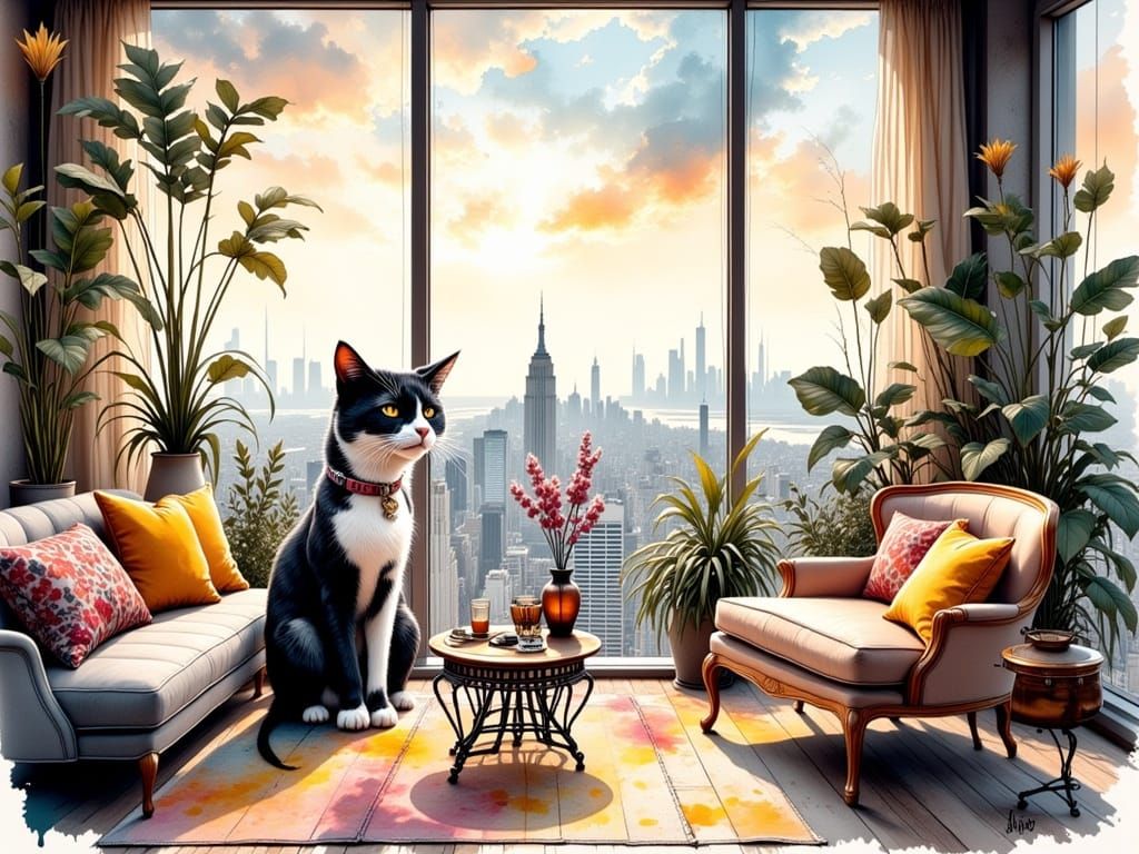 Tuxedo Cat in High-Rise Apartment, Ink Art