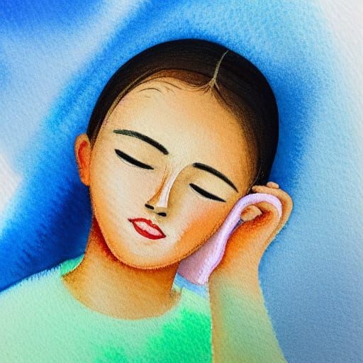 Young Woman in Medical Bed, Soft Watercolor Illustration