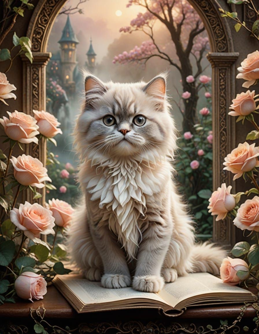 Whimsical Fantasy Scene with Persian Kitten in Golden Lighti...