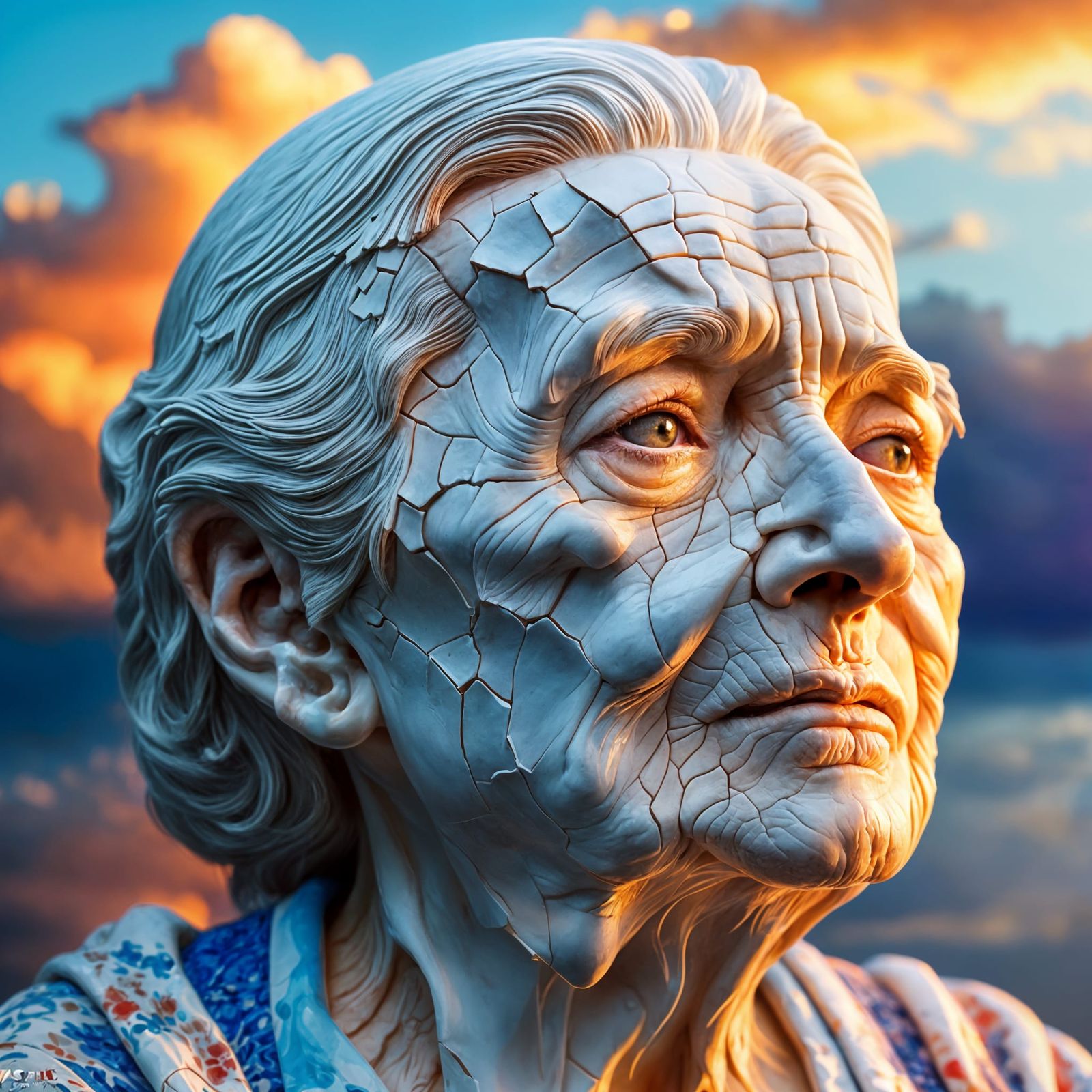 Porcelain Woman at Sunset: Hyperrealistic Digital Art
