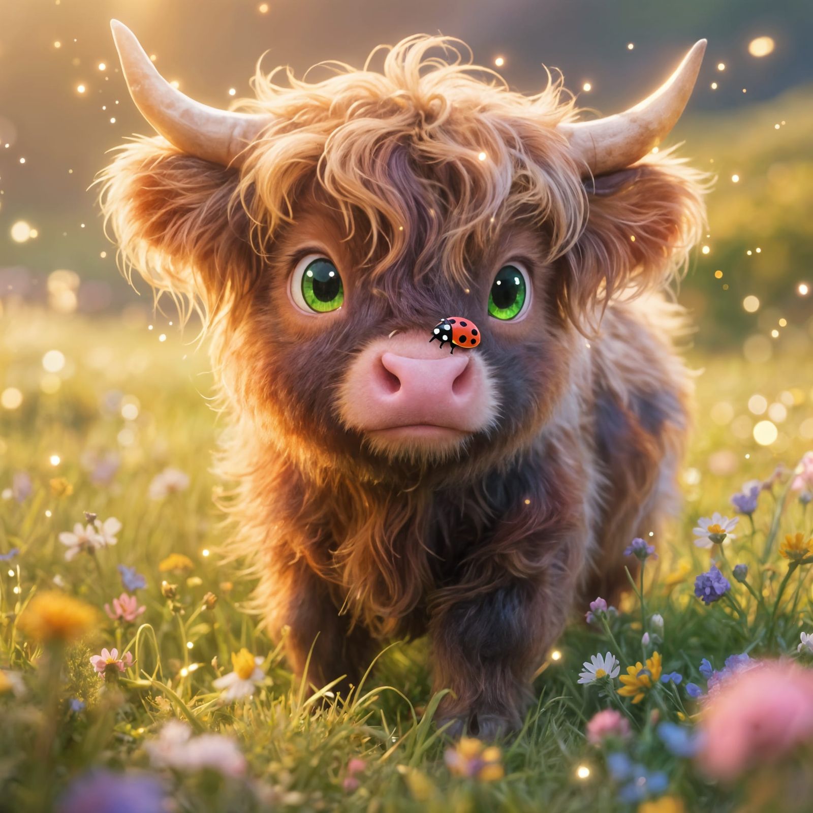 Enchanting Highland Cow and Ladybug in Golden Hour Meadow