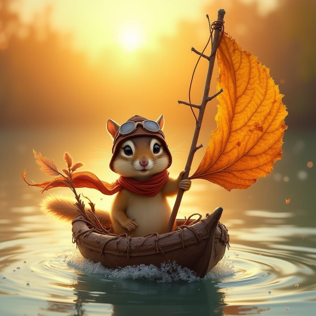 Whimsical Chipmunk Pilots Colorful Acorn Boat Across Serene ...