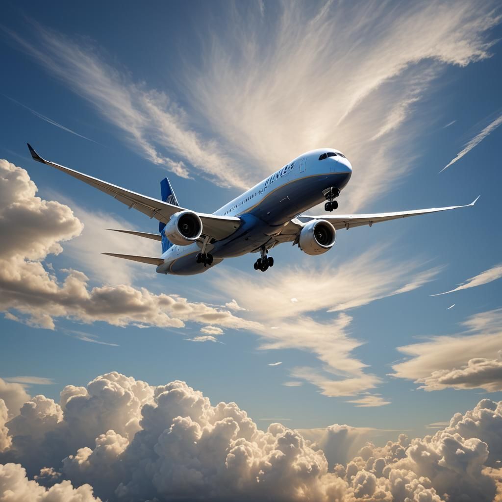 United Airlines Boeing 787 Soaring Through Blue Sky