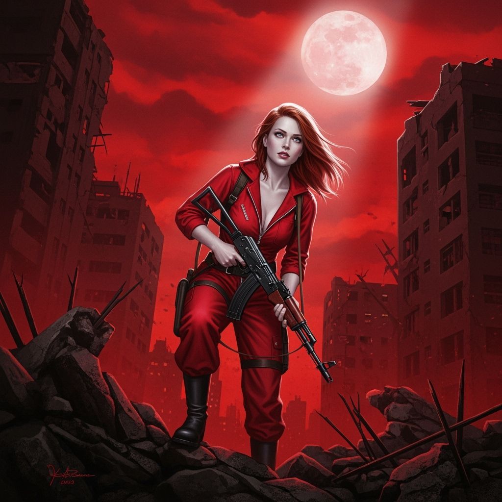 Woman with AK-47 Climbs Rubble Under Blood Moon Light