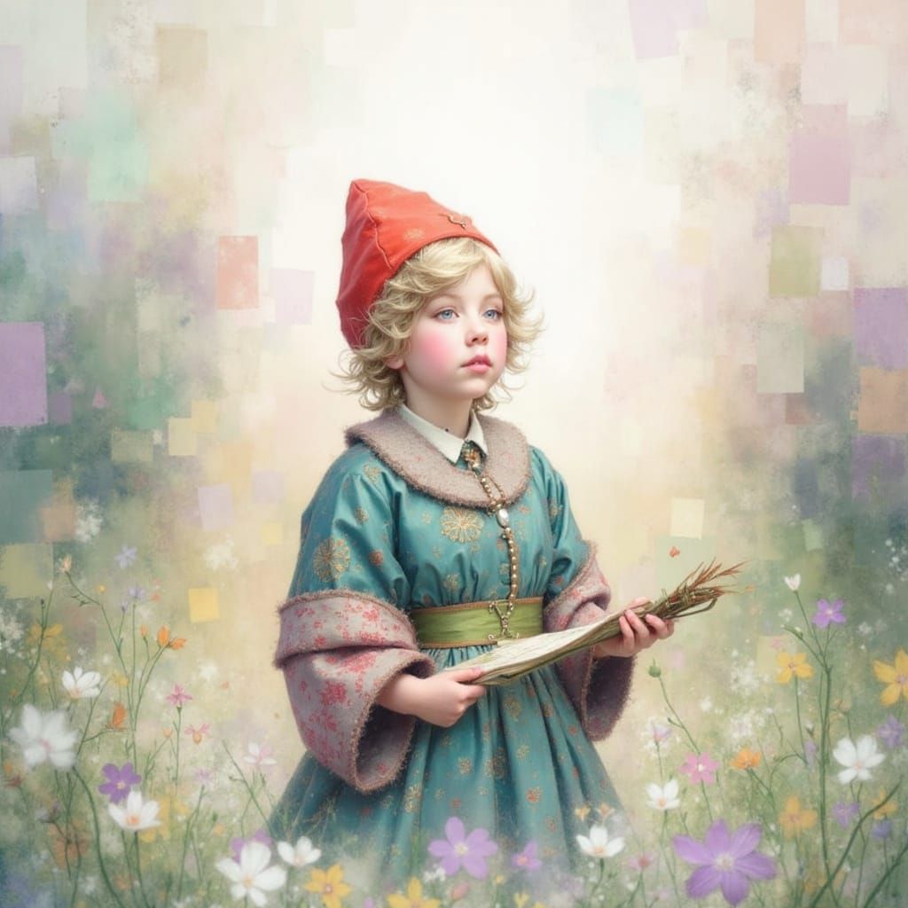 Gnome in Fantasy Landscape with Delicate Contour Lines