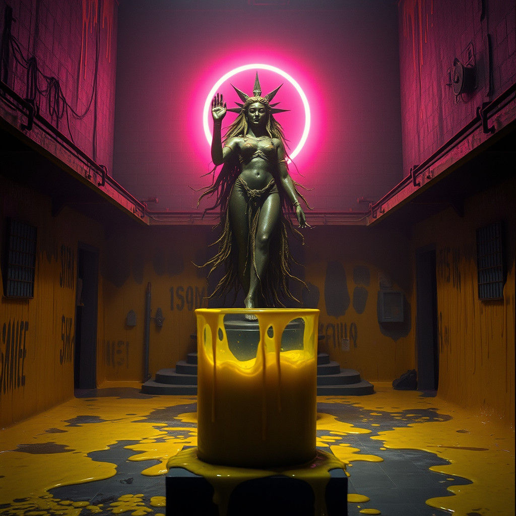 Eerie Goddess Shrine in Abandoned Factory, Cinematic Still