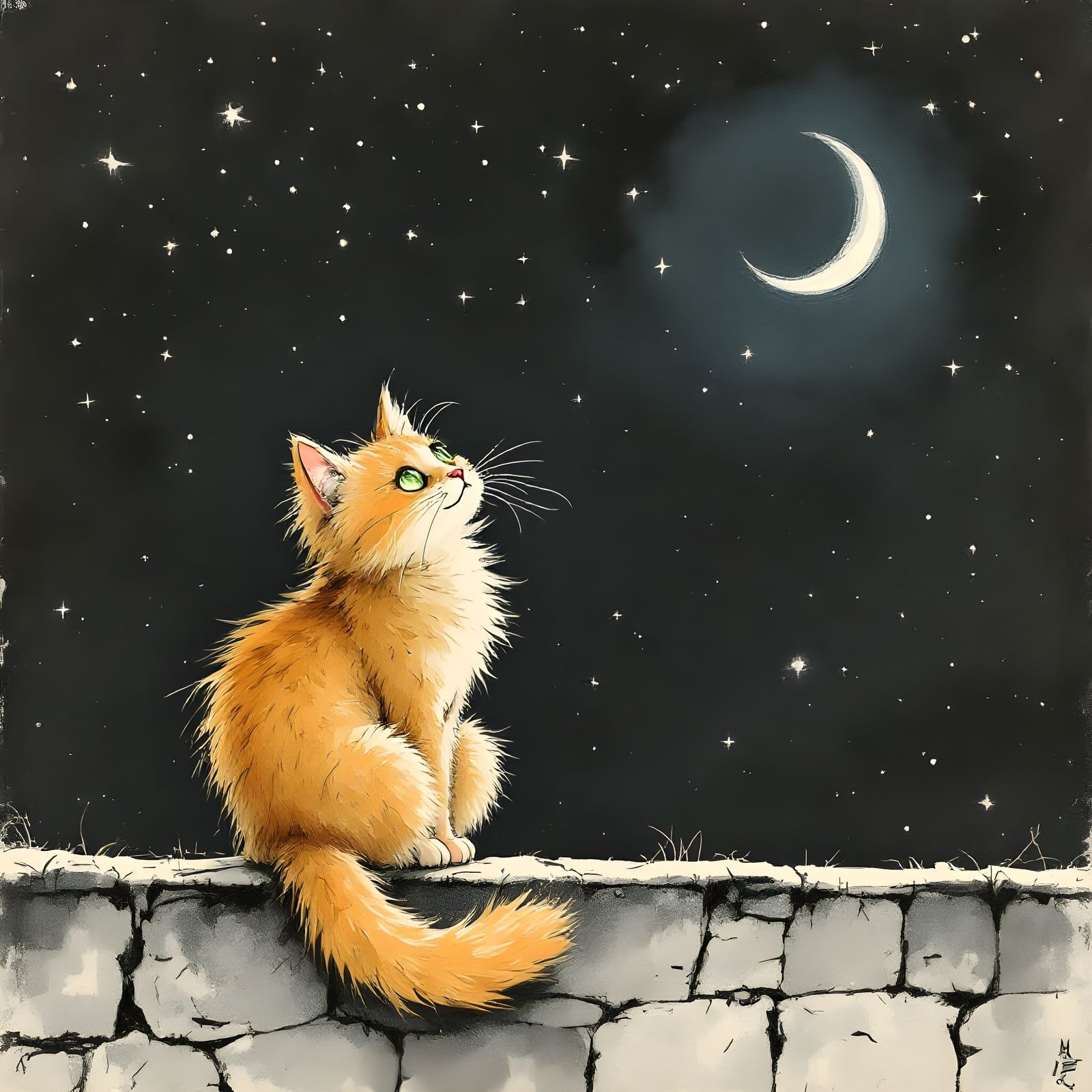 Whimsical Night Sky Cat in Modern European Ink