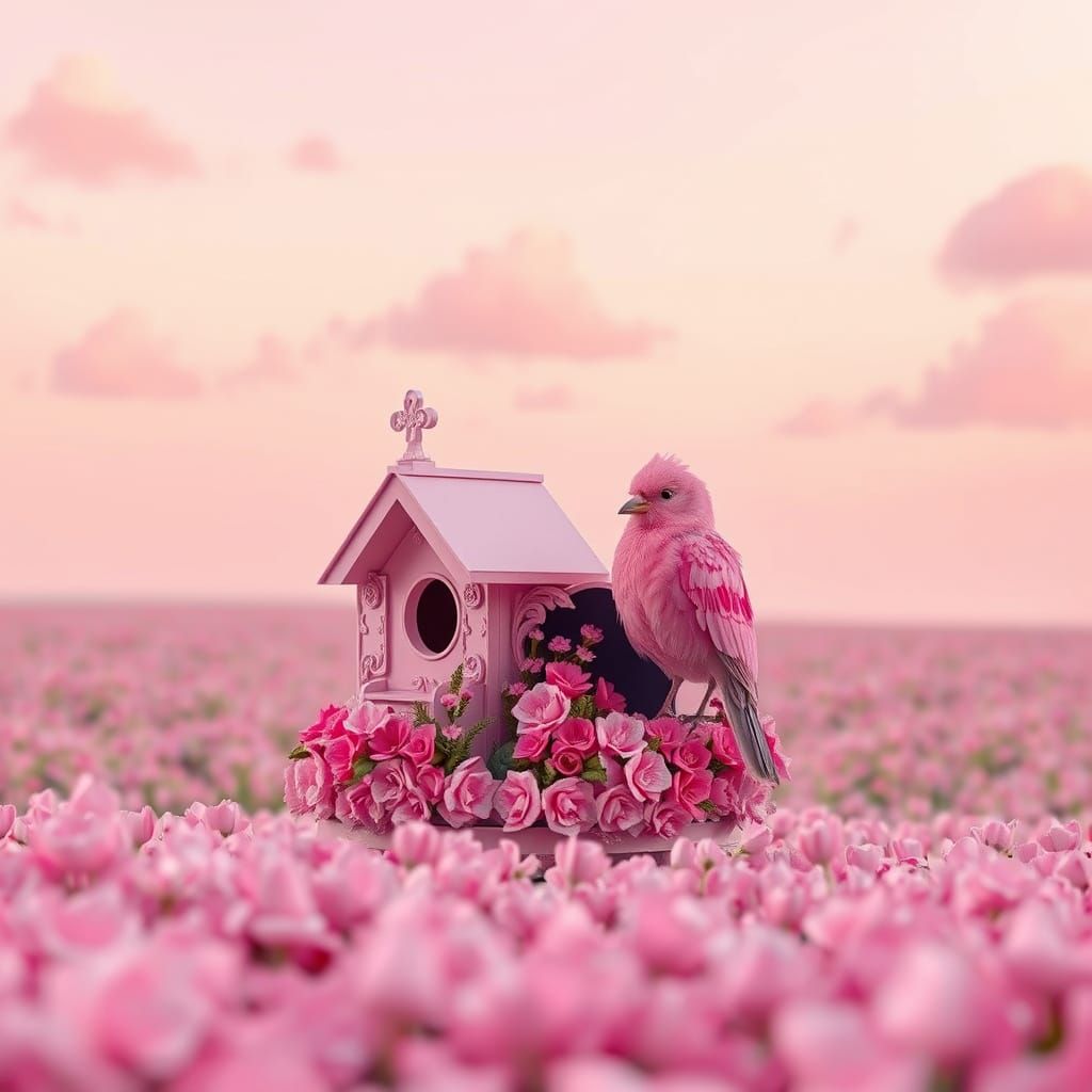 Dreamlike Pink Bird in Flower Field