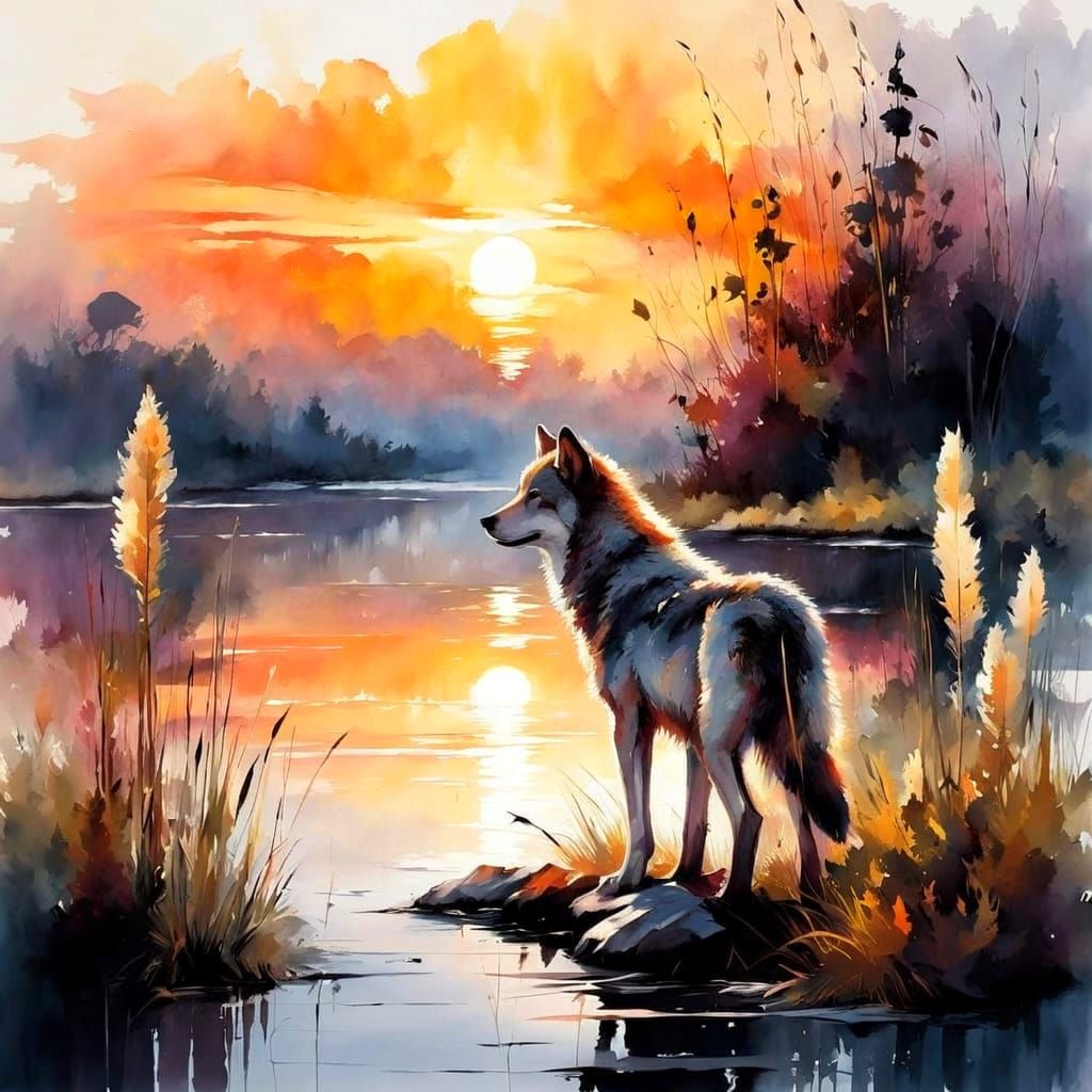 Wolf Pup Watches Sunset: Watercolor Painting