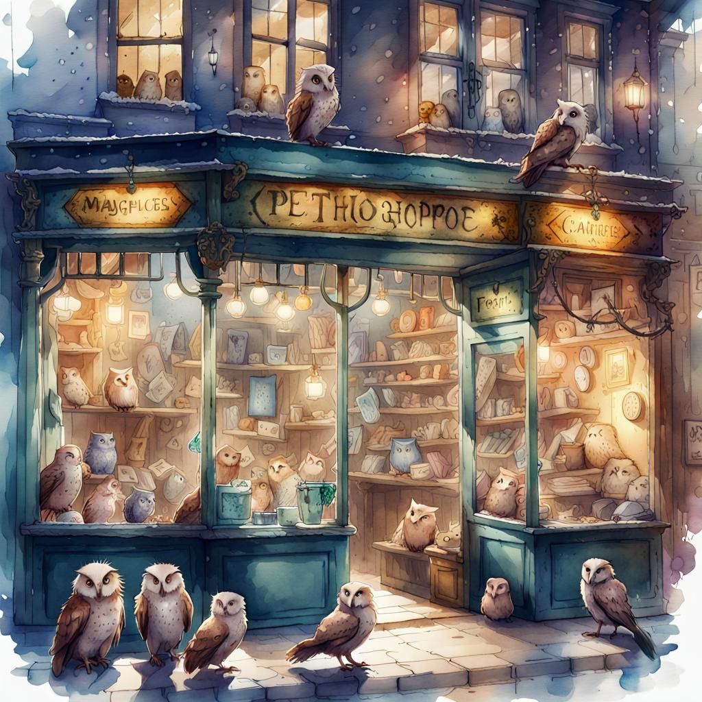 Pet shop in Harry Potter, watercolor, owls, rat, magical creatures, splash art effect, Magical luminescent sparkles in t...