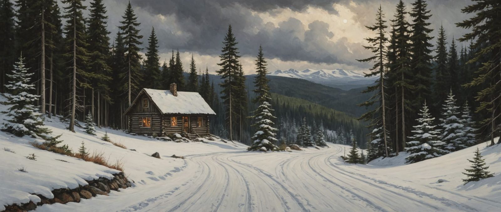 Secluded Cabin in Winter Forest Landscape Painting