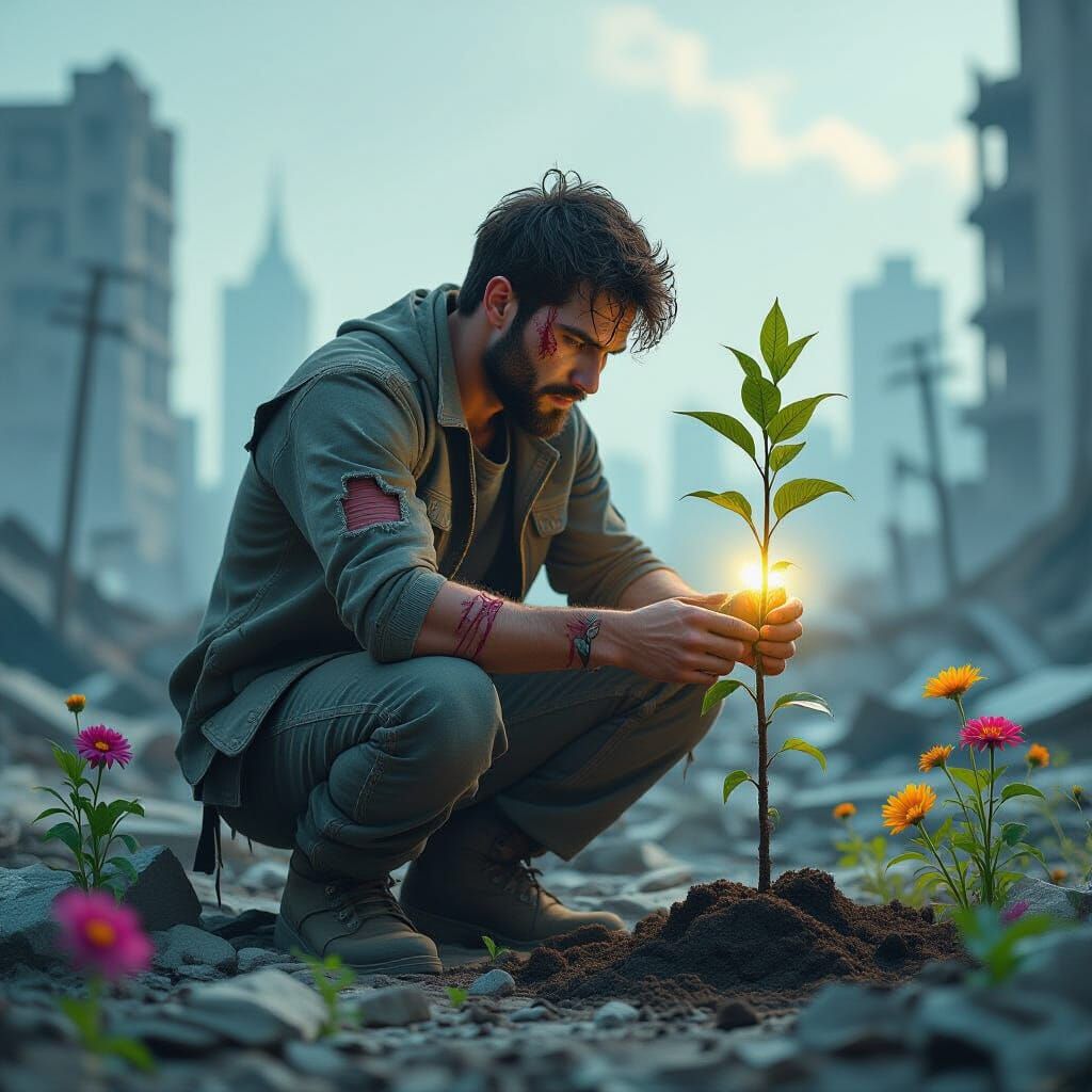 Hopeful Survivor Plants Trees in Dystopian Landscape