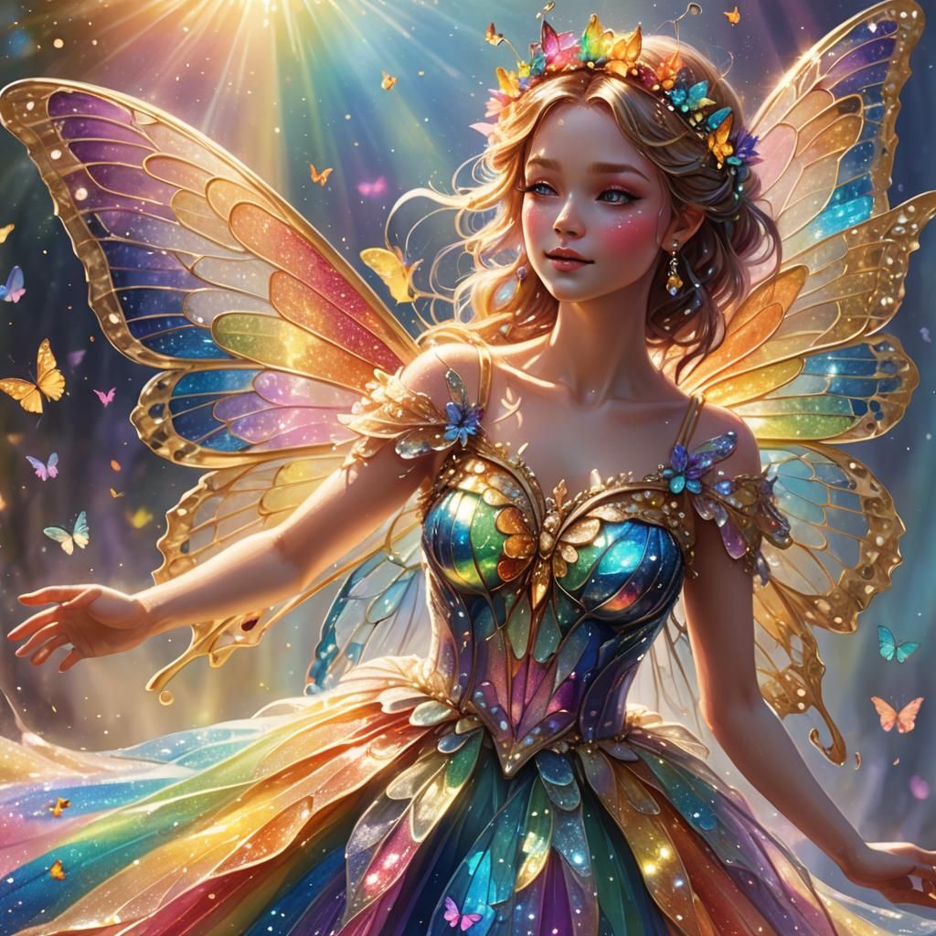Rainbow Butterfly Fairy Dancing in Golden Light