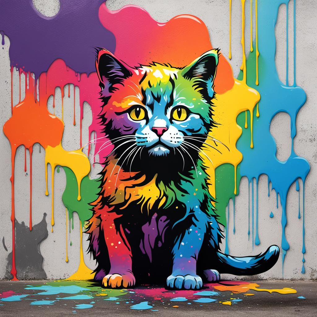 Banksy-Style Rainbow Cat Graffiti Art
