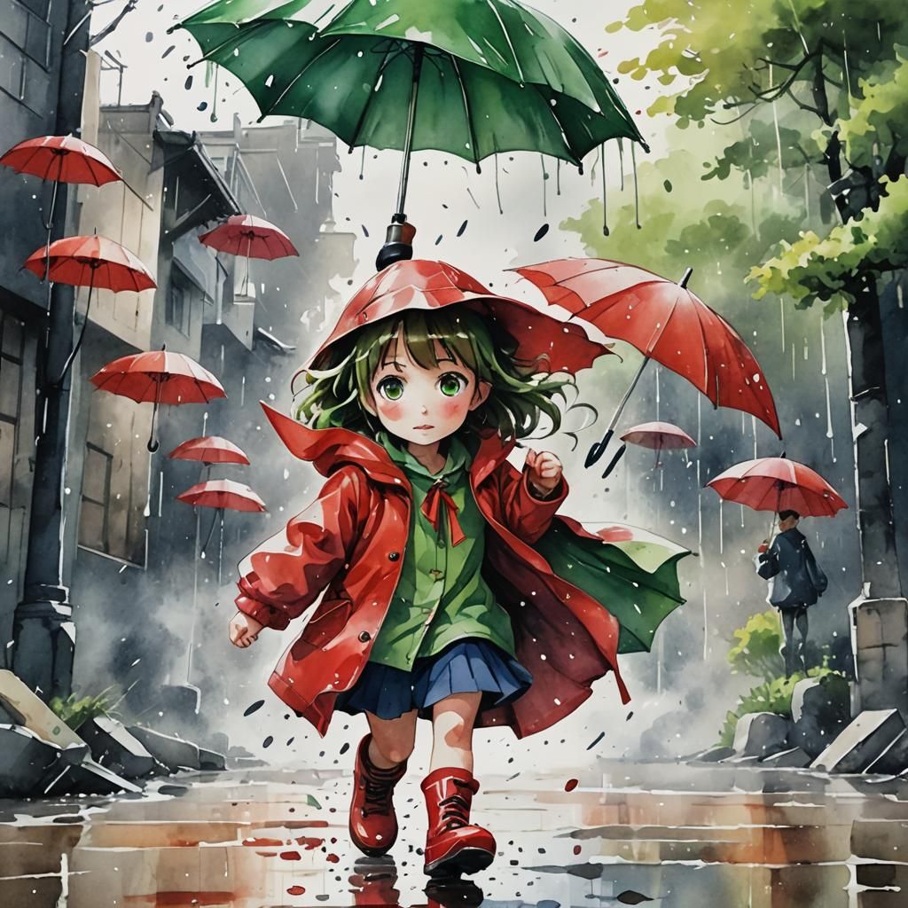 Anime Girl in Rain with Broken Umbrella