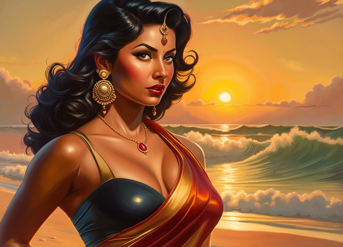 East Indian Woman in Sari, Gil Elvgren Pinup Style